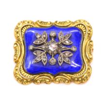 A blue enamel and rose cut diamond brooch.