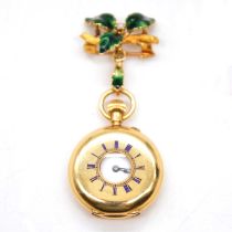 An 18 carat gold half-hunter fob watch and diamond and green enamel brooch.