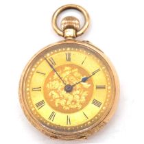 A yellow metal open face fob watch.