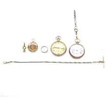 Three pocket watches, two Albert watch chains, and a ring.