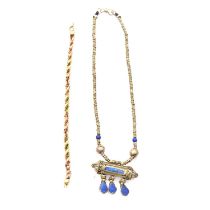 A bi-colour hollow metal rope bracelet, and an amulet necklace.