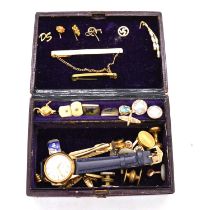Jewel box with tie pins, studs, cufflinks, watch.