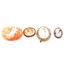 An unmounted carved shell cameo in box and three cameo brooches.