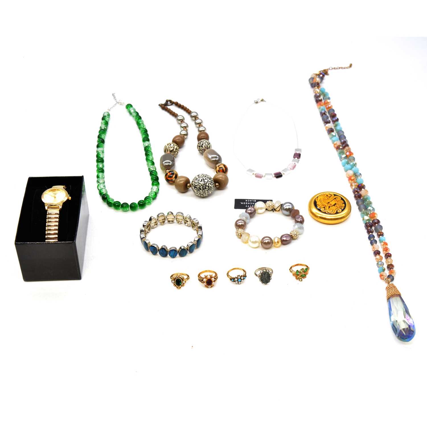 A collection of gold, white metal and costume jewellery