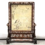 Chinese rosewood and mother-of-pearl inlaid table screen with silk panel