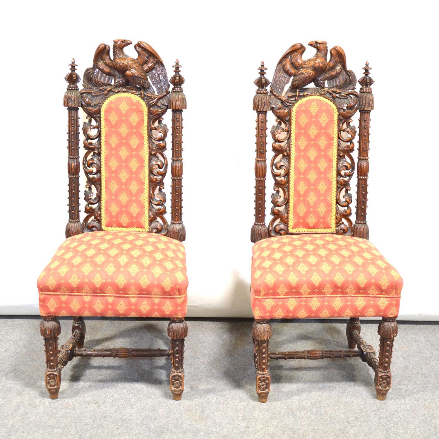 Pair of carved oak single chairs,