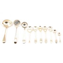 George III silver sifter spoon, and other silver spoons