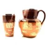 Doulton stoneware jug and beaker with silver rims, three Prattware pot lids.