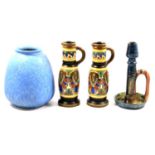 Ruskin pottery ovoid vase, pair of Rembrandt Dutch pottery ewers, Belgian pottery candlestick