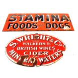 Stamina Foods for Dogs enamel sign, and a S. Wright & Co enamel sign.