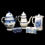 Large pearlware teapot, possibly Liverpool, and other blue and white ware