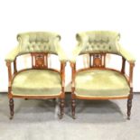 Pair of Edwardian inlaid mahogany tub chairs,