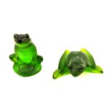 Lalique Crystal, two frosted green frog ornaments.