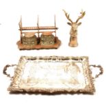 Cast and engraved desk stand, one rectangular plated tray, a circular tray, and a stirrup cup.