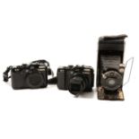 Vintage cameras including Leica II model D camera.