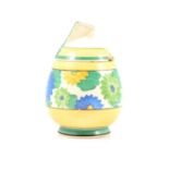 A Clarice Cliff Sungay design preserve pot and cover in the Daffodil shape.