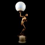 Art Deco gilt spelter figural lamp, in the manner of Josef Lorenzl