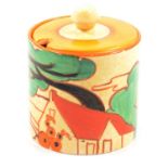 Clarice Cliff, a 'Red Roofs' pattern preserve pot and cover