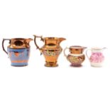 Collection of pink and copper luster ceramics,