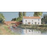 Harley Crossley, Canal scene, oil, and four Canal watercolours,