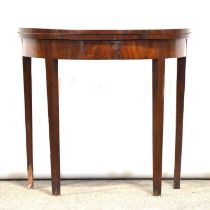 Mahogany demi lune card table and a spinning wheel,