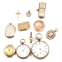 Silver pocket watch, wristwatch, fob, vesta and other white metal and base metal items.