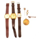 A yellow metal pocket watch, gold wristwatches, two other wristwatches, and silver jewellery.