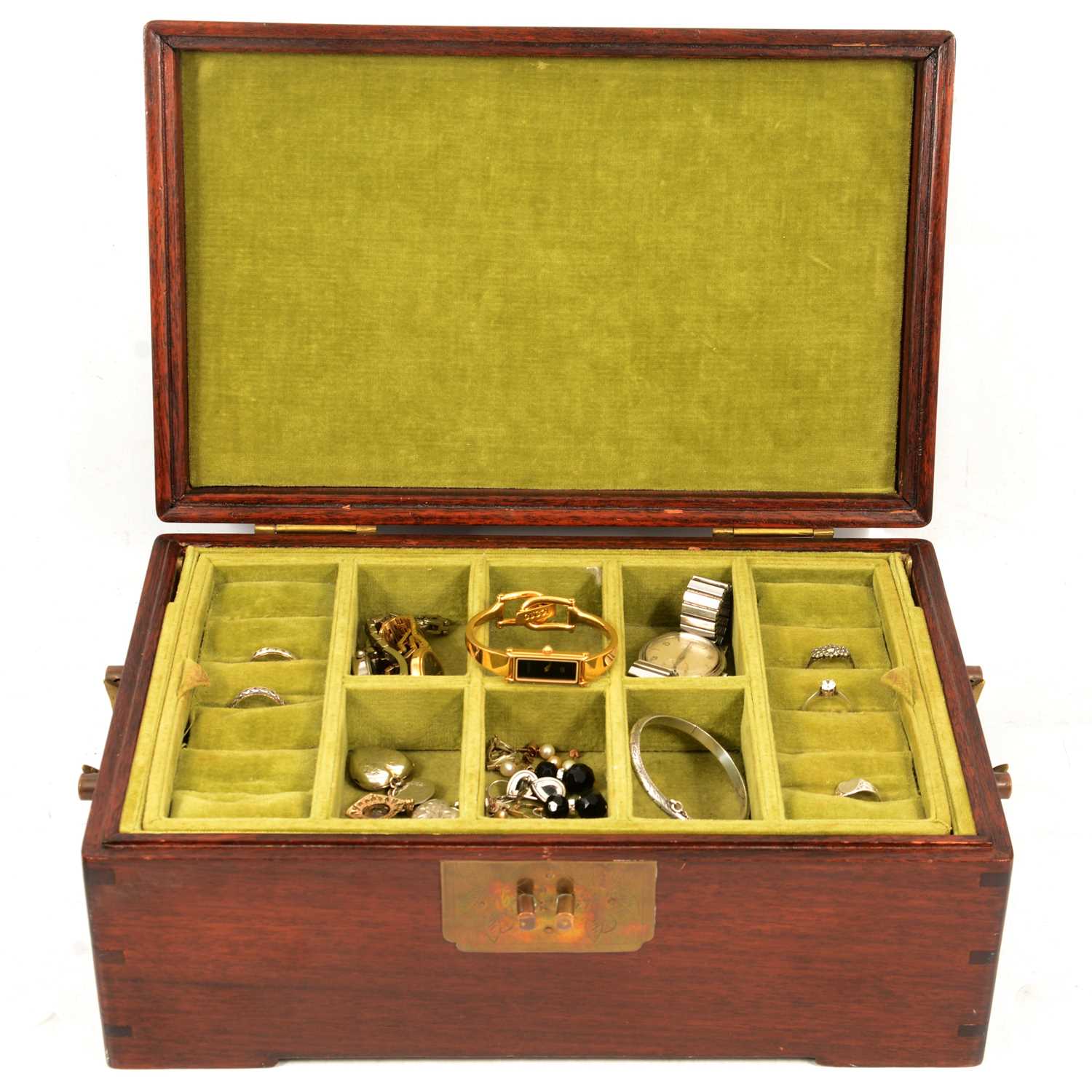 An Oriental jewel box with gold, silver and costume jewellery and wristwatches.