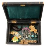 A jewel box with two cameo rings, seals and vintage costume jewellery.