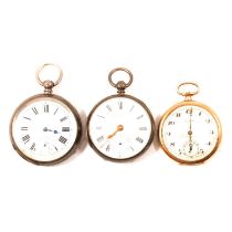 A 9 carat gold pocket watch and two silver watches.