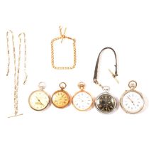 Five metal cased pocket watches and two Albert watch chains.