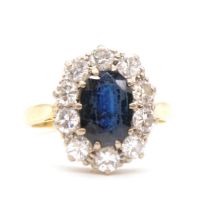 A sapphire and diamond oval cluster ring,