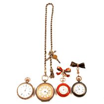 Two fob watches, two small white metal pocket watches and an Albert watch chain.