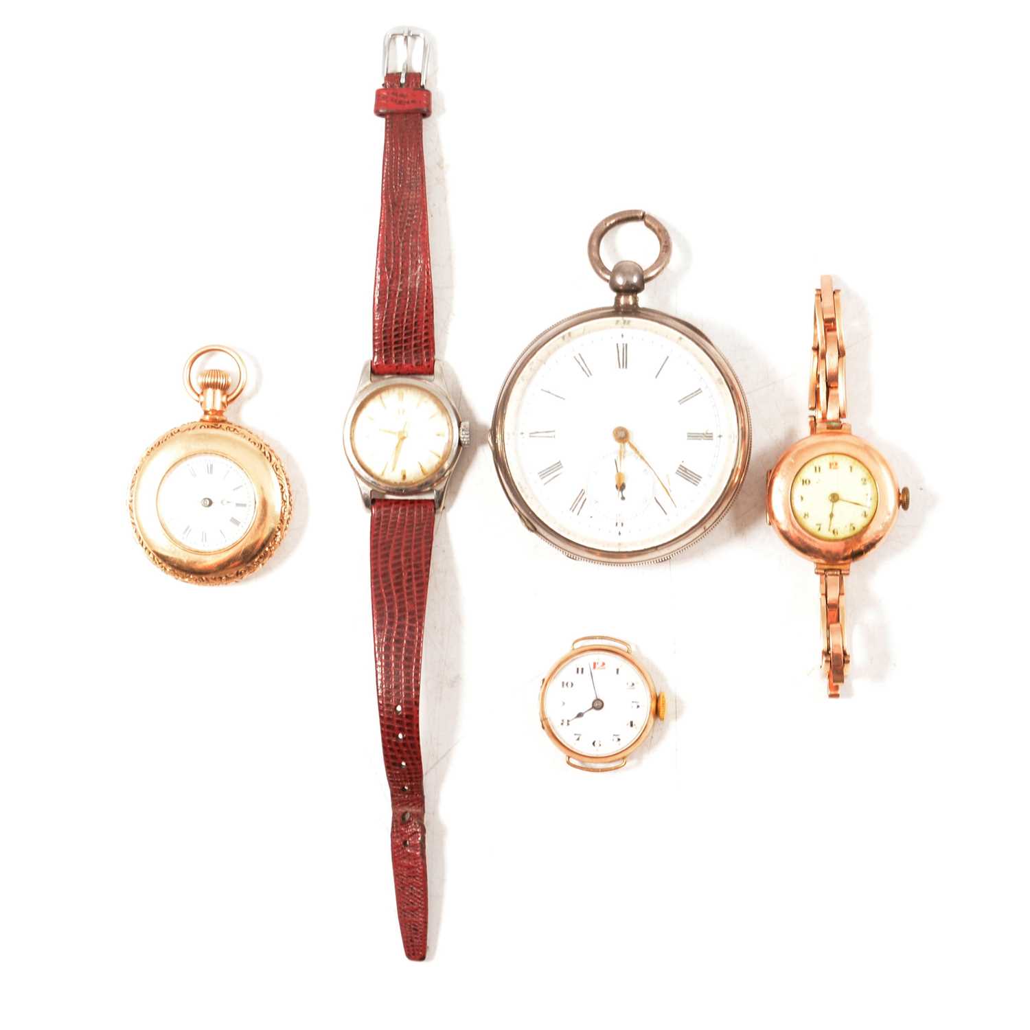 A silver pocket watch, lady's Omega wristwatch, gold coloured fob watch and two gold wristwatches.