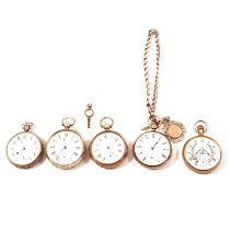 Five silver open face pocket watches and a silver Albert watch chain.