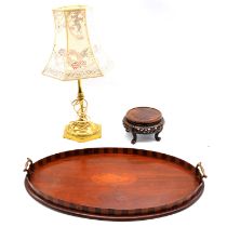 Two inlaid Edwardian mahogany trays, a brass table lamp, and a Chinese wooden stand