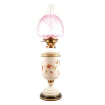 Victorian opaque glass and brass-mounted oil lamp,
