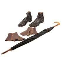 Vintage umbrella, engraved presentation and a pair of vintage boots and ankle gaiters,