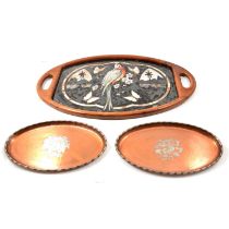 Pair of Arts & Crafts style copper and white metal plaques and a tray,