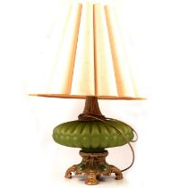 Victorian style gilt metal and green glass table lamp,