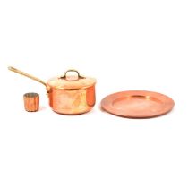 Quantity of modern copper saucepans, flambe burner,
