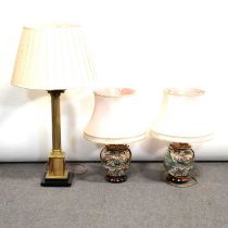 Brass Conrinthian column table lamp and a pair of Japanese style table lamps,