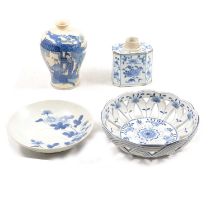 Chinese porcelain tea flask, small footed dish, etc