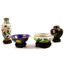Cloisonne ginger jar, vase and two bowls,