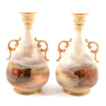 Royal Worcester, a pair of vases painted with Highland Cattle by Harry Stinton