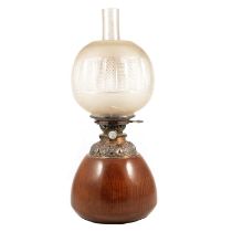 Oak and silver plated oil lamp,