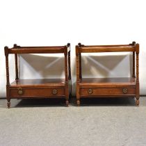 Pair of modern mahogany bedside tables, and a pair of brass table lamps