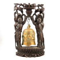 Chinese carved hardwood and wirework inlaid temple bell