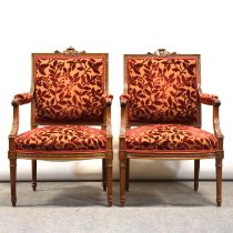 Pair of French walnut elbow chairs,