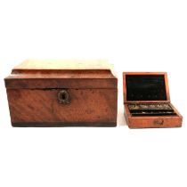 Victorian mahogany wall mirror, a walnut tea caddy and a set of postal weights